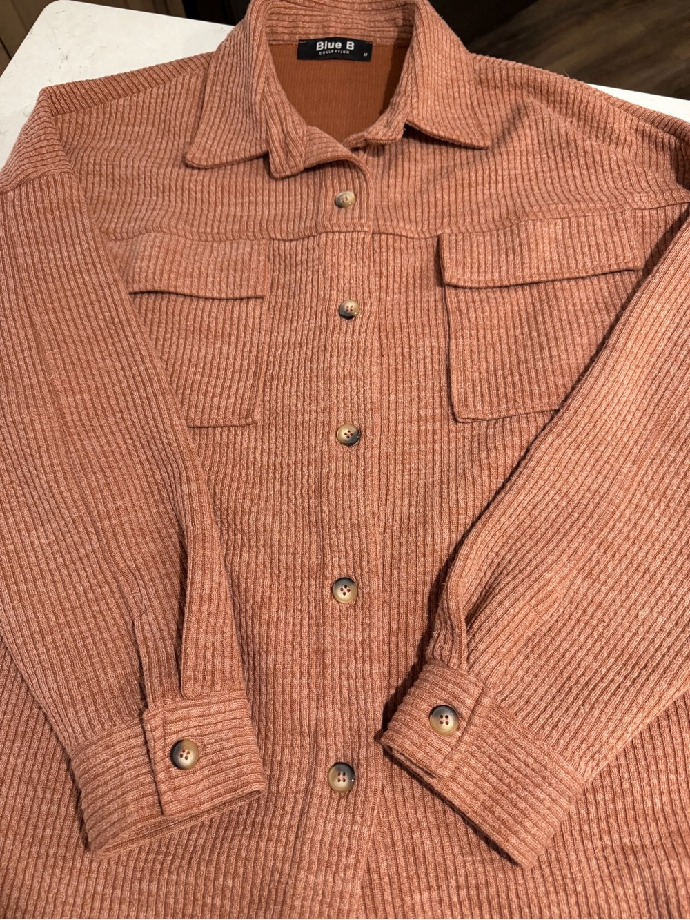 Women's Ribbed Button-Up Shacket in Rust Medium